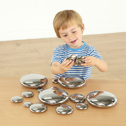 TTS Sensory Mirrored Stacking Pebbles Silver 20pk Silver hi\-res