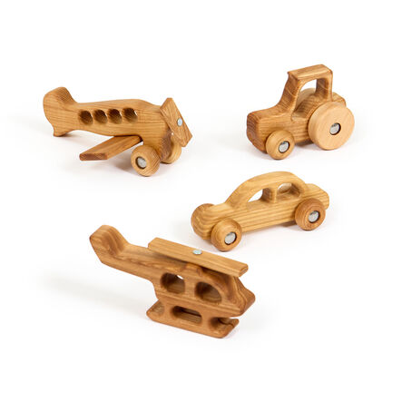TTS Small World Wooden Vehicles \- Plane, Tractor, Car \x26 Heli 4pk  hi\-res