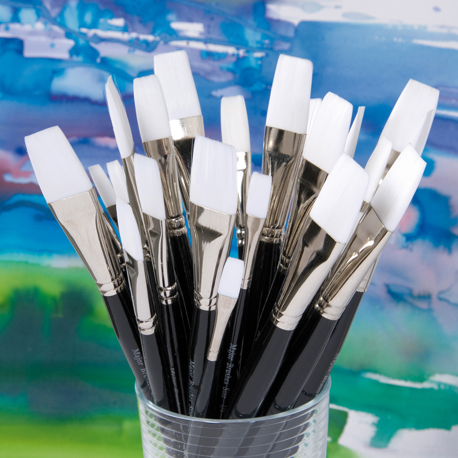 Black Handled Flat White Nylon Paint Brushes 30pk  hi-res