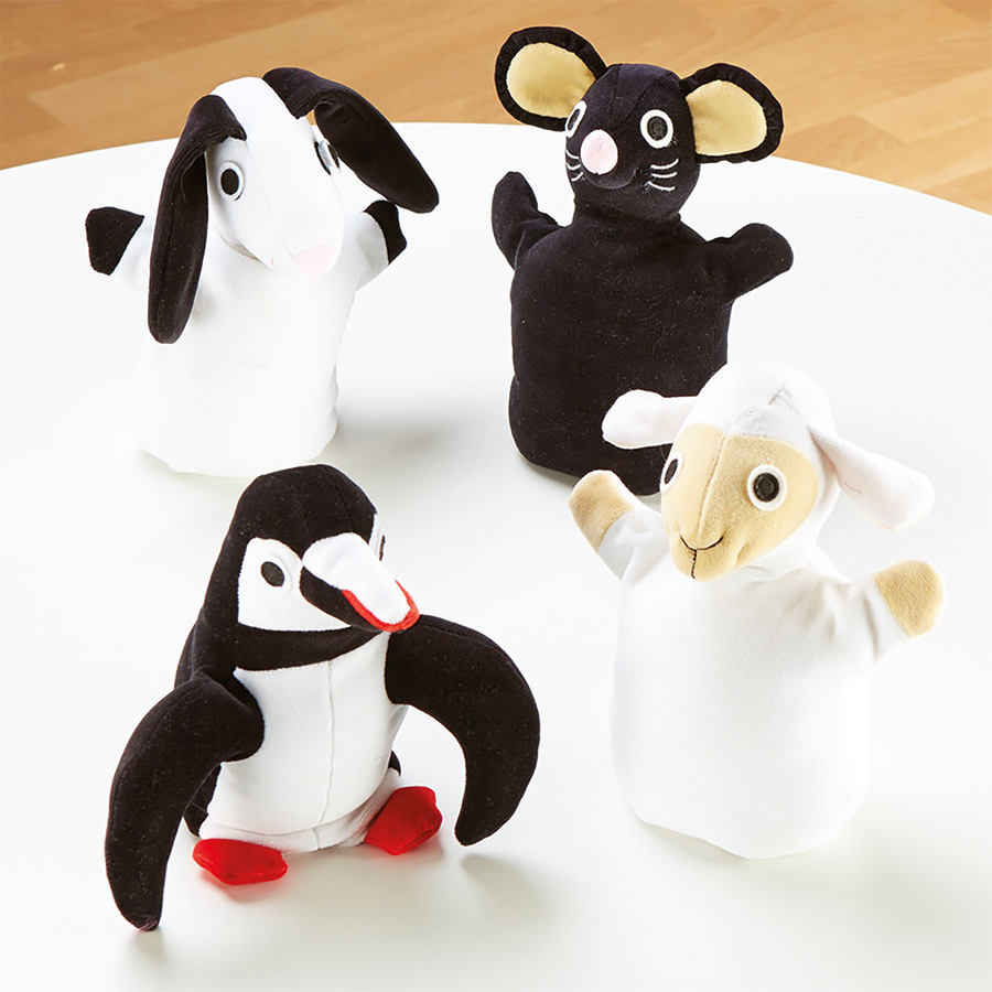 Black And White Soft Animal Puppets 4pk  hi-res